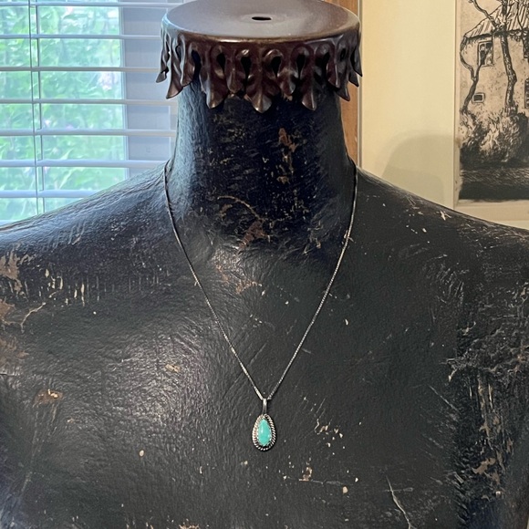 VTG Turquoise Sterling Silver Teardrop Handmade Necklace Signed CT - Picture 3 of 8